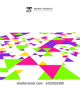 Abstract modern colorful triangles pattern elements perspective on white background with copy space. Vector graphic illustration
