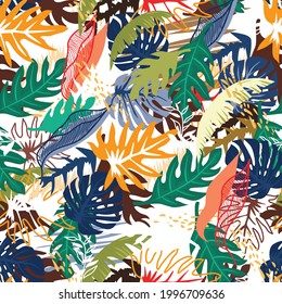 Abstract Modern Colorful Tropical Exotic Leaves Seamless Pattern, Plants and Leaves Design For  Background or wallpaper, Template, Clothing, Fashion, Fabric, Batik, Wrapping.