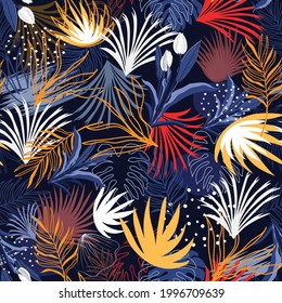 Abstract Modern Colorful Tropical Exotic Leaves Seamless Pattern, Plants and Leaves Design For  Background or wallpaper, Template, Clothing, Fashion, Fabric, Batik, Wrapping.