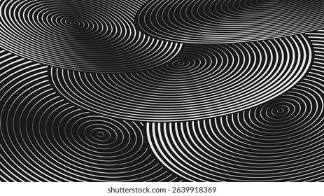 Abstract modern composition in brutalism style, Postmodern geometric ornament with simple shapes in black and white colors, bold aesthetic, Artwork circular spiral wave rhythm disks