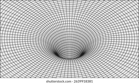 Abstract modern composition in brutalism style, Postmodern geometric ornament with simple shapes in black and white colors, bold aesthetic, Wireframe wormhole grid, line vortex or funnel
