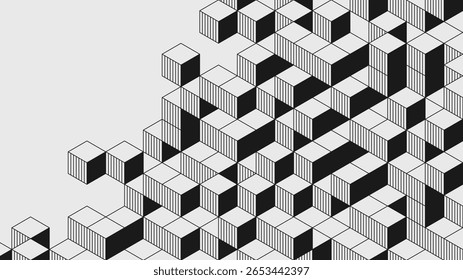 Composição moderna abstrata em estilo brutalista, Ornamento geométrico pós-moderno com formas simples em cores pretas e brancas, ilusão óptica dinâmica estética ousada, 3D isométrico cubo quebra-cabeça