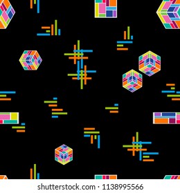 Abstract modern composition. Seamless vector pattern with falling cubes, stripes and crosses on dark background. Trendy design for cards, covers, posters, textile.