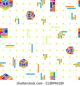 Abstract modern composition. Seamless vector pattern with falling cubes, stripes and crosses on white dotted background. Trendy design for cards, covers, posters, textile.