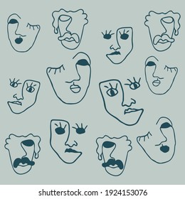 Abstract modern contamporary face portrait pattern design. Hand drawn vector illustration in modern minimal style. Continuous line art.