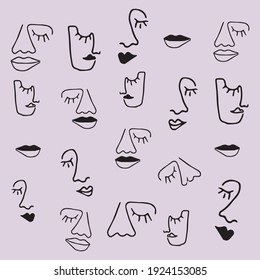 Abstract modern contamporary face portrait pattern design. Hand drawn vector illustration in modern minimal style. Continuous line art.