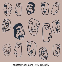 Abstract modern contamporary face portrait pattern design. Hand drawn vector illustration in modern minimal style. Continuous line art.