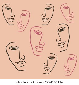 Abstract modern contamporary face portrait pattern design. Hand drawn vector illustration in modern minimal style. Continuous line art.