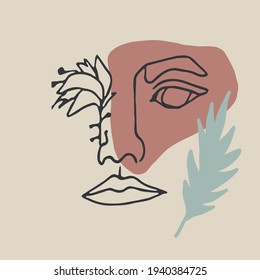 Abstract modern contamporary face portrait. Hand drawn vector illustration in modern minimal style. Continuous line art.