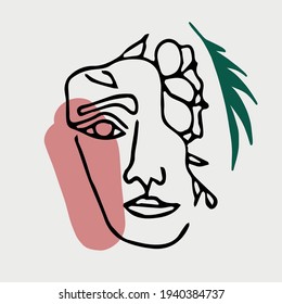 Abstract modern contamporary face portrait. Hand drawn vector illustration in modern minimal style. Continuous line art.