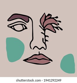 Abstract modern contamporary face portrait with flowers. Hand drawn vector illustration in modern minimal style. Continuous line art.