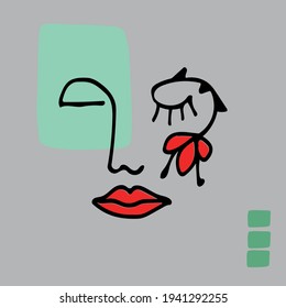 Abstract modern contamporary face portrait with flowers. Hand drawn vector illustration in modern minimal style. Continuous line art.