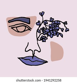 Abstract modern contamporary face portrait with flowers. Hand drawn vector illustration in modern minimal style. Continuous line art.