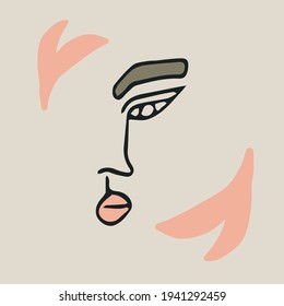 Abstract modern contamporary face portrait. Hand drawn vector illustration in modern minimal style. Continuous line art with soft colors.