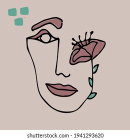 Abstract modern contamporary face portrait with flower. Hand drawn vector illustration in modern minimal style. Continuous line art.