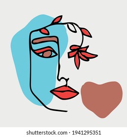 Abstract modern contamporary face portrait with flower. Hand drawn vector illustration in modern minimal style. Continuous line art.