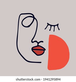 Abstract modern contamporary face portrait. Hand drawn vector illustration in modern minimal style. Continuous line artwith light colors.