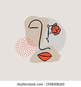 Abstract modern contamporary face portrait. Hand drawn vector illustration in modern minimal style. Continuous line art with grey and red colors