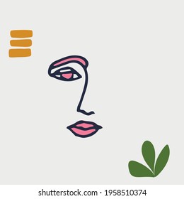 Abstract modern contamporary face portrait. Hand drawn vector illustration in modern minimal style. Continuous line art with colors