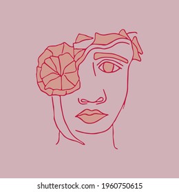 Abstract modern contamporary face portrait with flower. Hand drawn vector illustration in modern minimal style. Continuous line art with pink and red colors