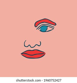 Abstract modern contamporary face portrait. Hand drawn vector illustration in modern minimal style. Continuous line art with pink, red, and blue  colors