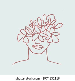 Abstract modern contamporary face portrait. Hand drawn vector illustration in modern minimal style. Continuous line art with flowers