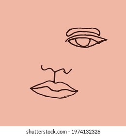 Abstract modern contamporary face portrait. Hand drawn vector illustration in modern minimal style. Continuous line art with peach colors