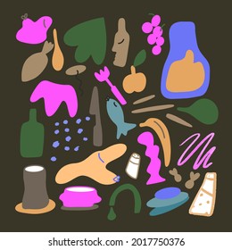 Abstract modern cooking and food shapes background. Hand drawn various shapes of cooking and doodle objects. Modern trendy vector illustrations. For wallpapers and postcards