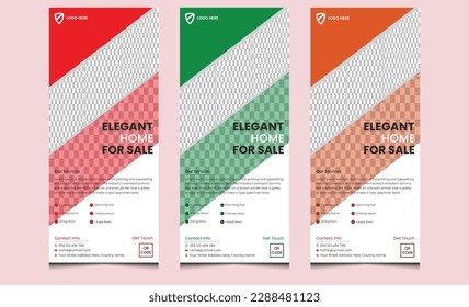 Abstract modern corporate luxury real estate home for sale business roll up banner template design. Simple elegant professional company property rent construction roll up banner design template.