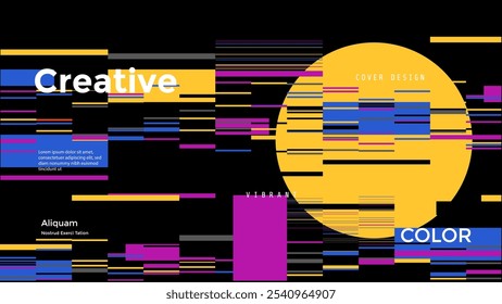 Abstract modern cover design with bold geometric shapes and vibrant colors, featuring large yellow circle, blue and pink accents