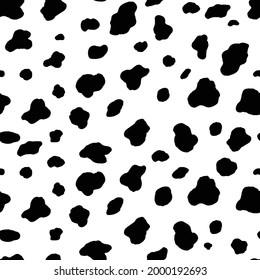 Abstract modern cow fur seamless pattern. Animals trendy background. Black and white decorative vector illustration for print, card, postcard, fabric, textile. Modern ornament of stylized skin.