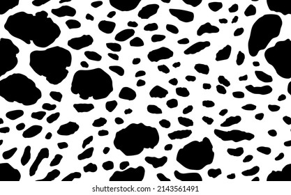 Abstract modern cow fur seamless pattern. Animals trendy background. Black and white decorative vector illustration for print, card, postcard, fabric, textile. Modern ornament of stylized skin.