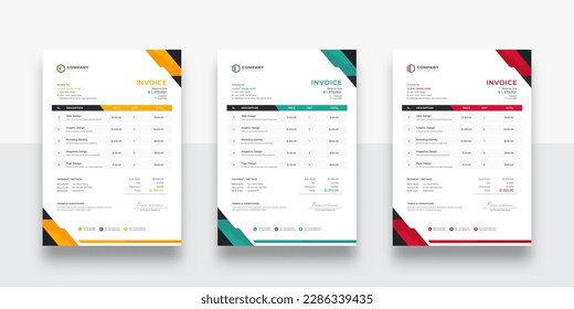 Abstract Modern and Creative Corporate Business Invoice design template. Creative invoice template vector. Three-color variation creative invoice template design. Tax form, bill graphic or payment rec