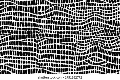 Abstract modern crocodile leather seamless pattern. Animals trendy background. Black and white decorative vector illustration for print, fabric, textile. Modern ornament of stylized alligator skin.