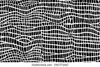 Abstract modern crocodile leather seamless pattern. Animals trendy background. Black and white decorative vector illustration for print, fabric, textile. Modern ornament of stylized alligator skin.