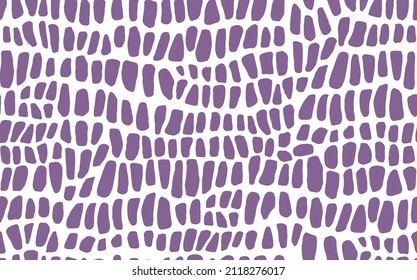 Resumen de diseño moderno de cuero de cocodrilo sin costuras. Los animales están de moda. Ilustración vectorial decorativa púrpura y blanca para impresión, tela, textil. Ornamento moderno de piel de lagarto estilizado.