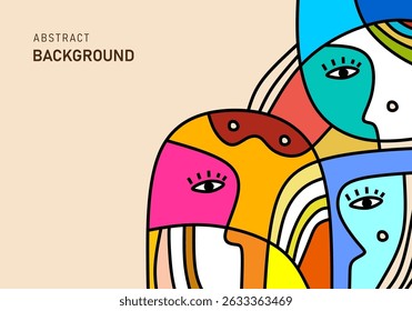 Abstract modern cubism illustration of colorful human faces on beige background. 
