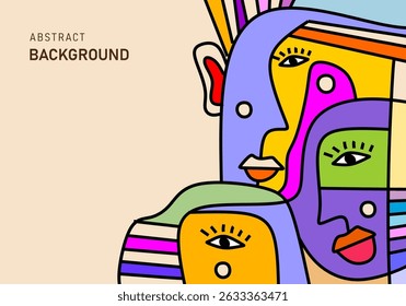 Abstract modern cubism illustration of colorful human faces on beige background. 