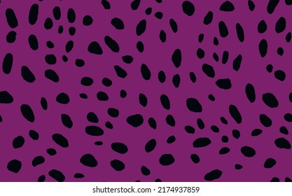 Abstract modern dalmatian fur seamless pattern. Animals trendy background. Black and purple decorative vector illustration for print, card, postcard, fabric, textile. Modern ornament of stylized skin.