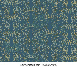 Resumen del patrón floral moderno damasco.  Patrón de damasco ornamental sobre fondo azul.