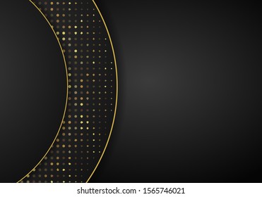 Abstract modern dark background with overlap layers. Realistic texture with golden dots element, shiny light effect circle glitters. Technology Design Template.