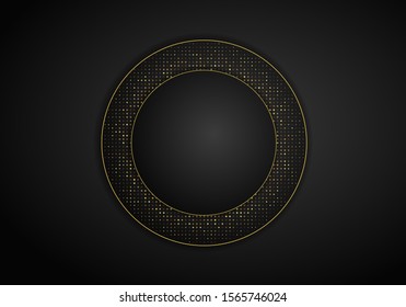 Abstract modern dark background with overlap layers. Realistic texture with golden dots element, shiny light effect circle glitters. Technology Design Template.