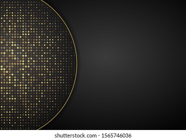 Abstract modern dark background with overlap layers. Realistic texture with golden dots element, shiny light effect circle glitters. Technology Design Template.