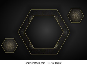 Abstract modern dark background with overlap layers. Realistic texture with golden dots element, shiny light effect circle glitters. Technology Design Template.