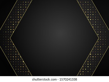 Abstract modern dark background with overlap layers. Realistic texture with golden dots element, shiny light effect circle glitters. Technology Design Template.