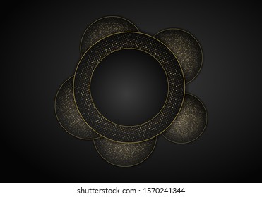Abstract modern dark background with overlap layers. Realistic texture with golden dots element, shiny light effect circle glitters. Technology Design Template.