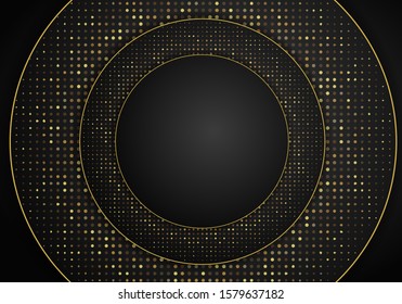 Abstract modern dark background with overlap layers. Realistic texture with golden dots element, shiny light effect circle glitters. Technology Design Template.