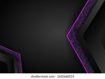 Abstract modern dark background with overlap layers. Realistic texture with golden dots element, shiny light effect circle glitters. Technology Design Template.
