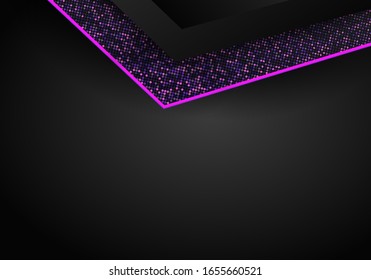Fondo oscuro abstracto moderno con capas superpuestas. Textura realista con elemento de puntos dorados, brillante efecto luz brilla en círculo. Plantilla de diseño tecnológico.