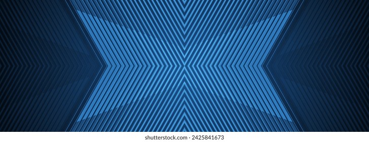 Abstract modern dark blue background with geometric striped arrows. Futuristic corporate concept horizontal banner design. Vector illustration wide background with lines.